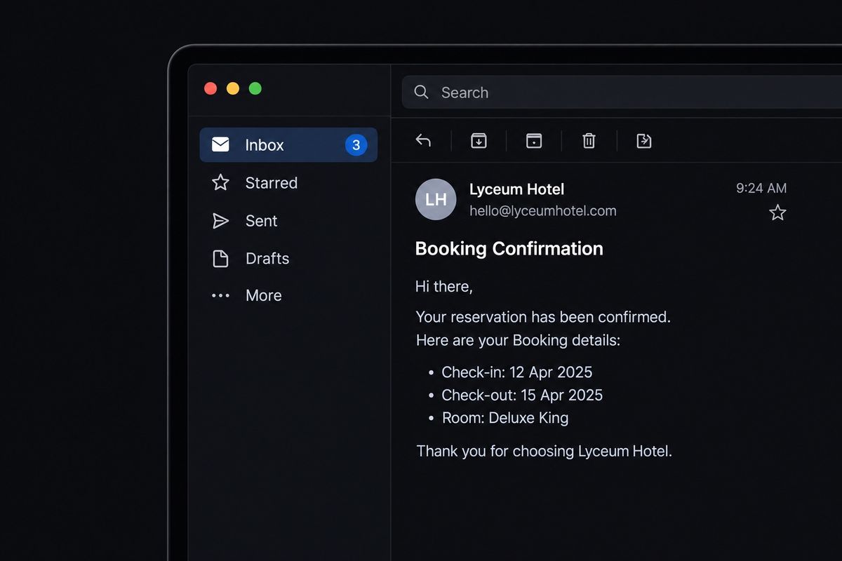 A booking confirmation open in an email client on a laptop.